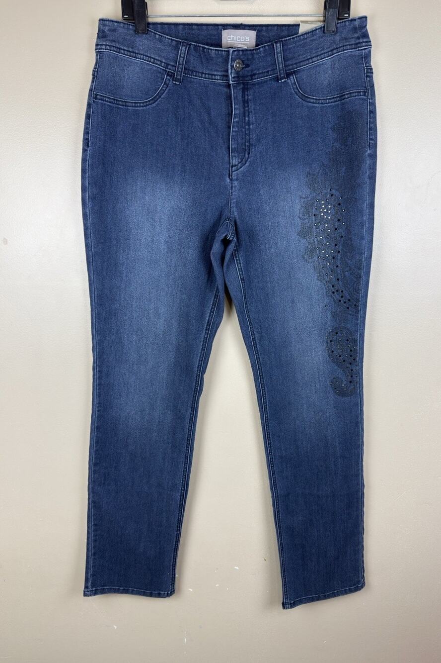 Chico’s Kerry Slim RG Jeans Women’s 0.5 Paisley Rhinestones Indigo S/6 NWT